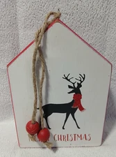 Quill To Paper by Sixtrees A-Frame Wooden Sign Merry Christmas Deer w Red Scarf