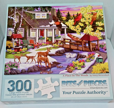 Bits and Pieces 300 Large Piece Puzzle - A Place In The Woods Cottage Home Deer