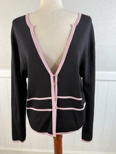 Vtg Finity Cardigan Sweater Womens Sz XL Preppy Slinky Knit Black Pink Old Money