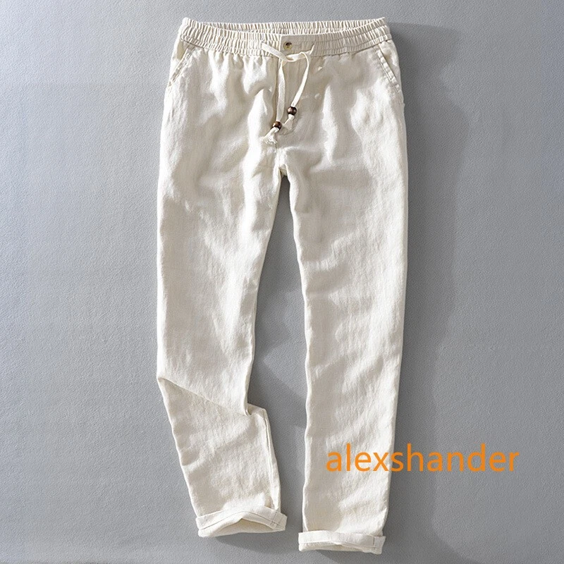 Men's 100% Linen Elastic Waist Drawstring Slim Fit Trousers Pants Summer Casual