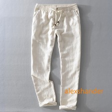 Mens 100% Linen Elastic Waist Drawstring Slim...