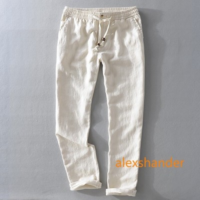 Men's 100% Linen Elastic Waist Drawstring Slim Fit Trousers Pants Summer Casual