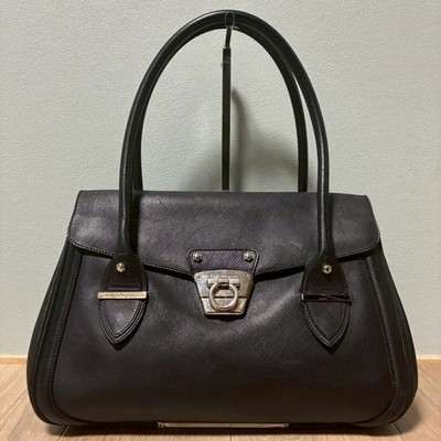 Ferragamo Gancini Buckle Black Leather Handbag Tote Bag Archival Piece