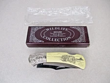 VINTAGE MAXAM JAPAN WILDLIFE BEAR SKMX52 SCRIMSHAW LOCKBACK FOLDING HUNTER KNIFE