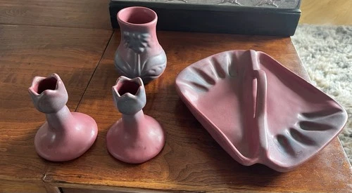 4 Van Briggle Colorado Springs Art Pottery Mulberry Violets Ashtray Vase Candles
