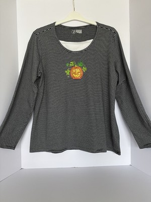 Holiday Editions LS Pumpkin Appliqué Top XXL Black/White Stripe Halloween Fall