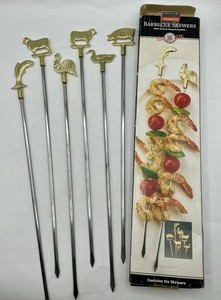 Vintage Brass Handle Animal Skewers Shish Kabob Barbecue Skewers In Box Taiwan