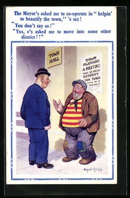 Künstler-AK Donald McGill: The Mayor´s asked me to co-operate..., Bettler im Ge 