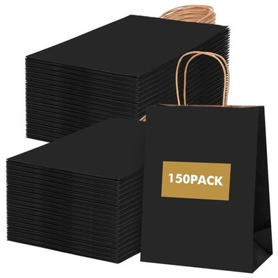 150pcs Black Bags with Handles, 8x4x10in Black Gift Bags with Handles Bulk Me...