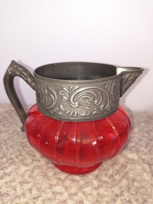 Antique Victorian Pigeon Blood Red Glass Ribbed & German Silver Creamer Syrup 
