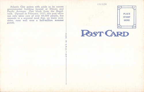 Postal Oficina de Correos Atlantic City N.J. Vistas interiores exteriores años 30 W385 - Imagen 2 de 2