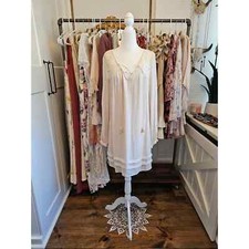 OneTheLand Women's M Boho Long Sleeve Cream Shift Dress w/Lace & Tassel Details
