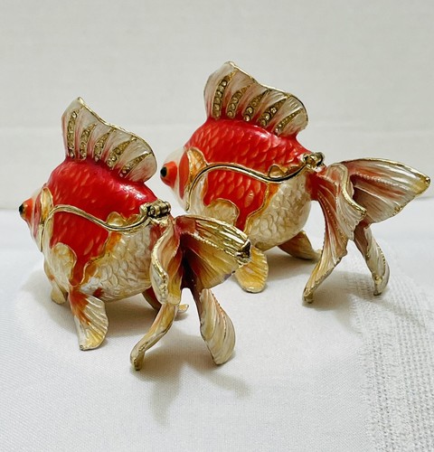 Jeweled Enameled Fantail Koi Goldfish Trinket Jewelry Box Magnetic Lid, Used - Picture 12 of 12