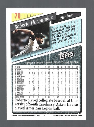 GOLD 1993 Topps #70 Roberto Hernandez Chicago White Sox Baseball Card - Picture 2 of 2