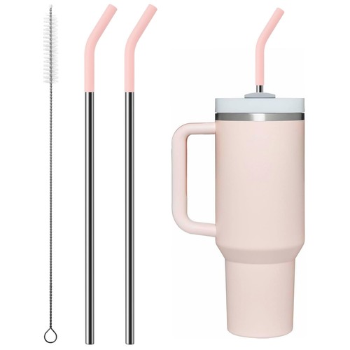Metal Straw with Silicone Tip for 40oz Stanley Cup, 2 Pcs Stainless Steel Str...