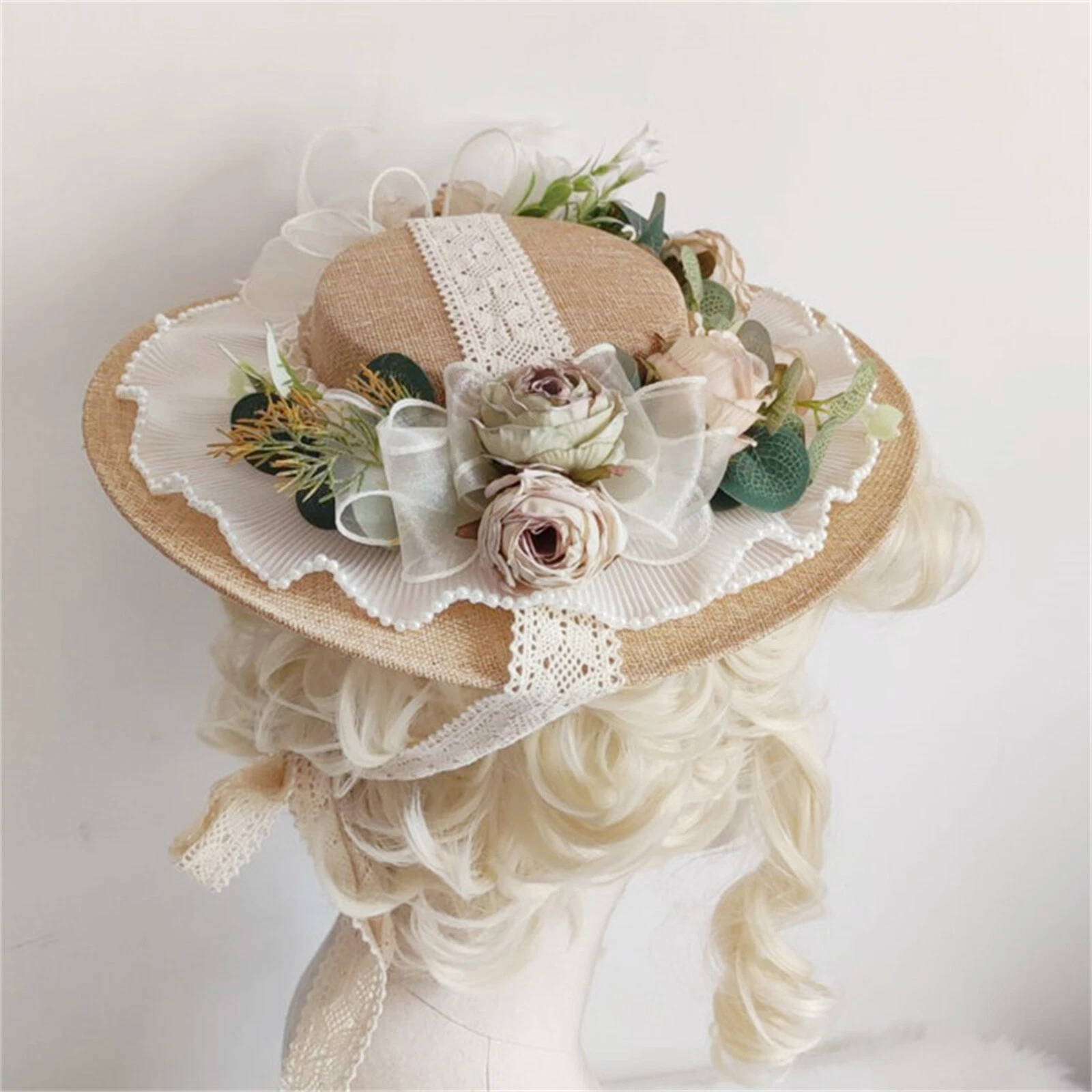 Womens Victorian Straw Hat with Florals Hat Lady Sweet Classic Lolita Fascinator