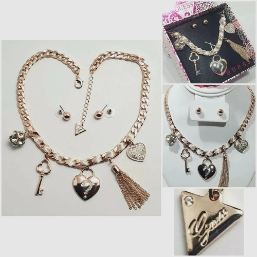 Collana e orecchini vintage anni 90 designer GUESS charm tono oro rosa chiave cuore nuovi con scatola - Foto 2 di 11