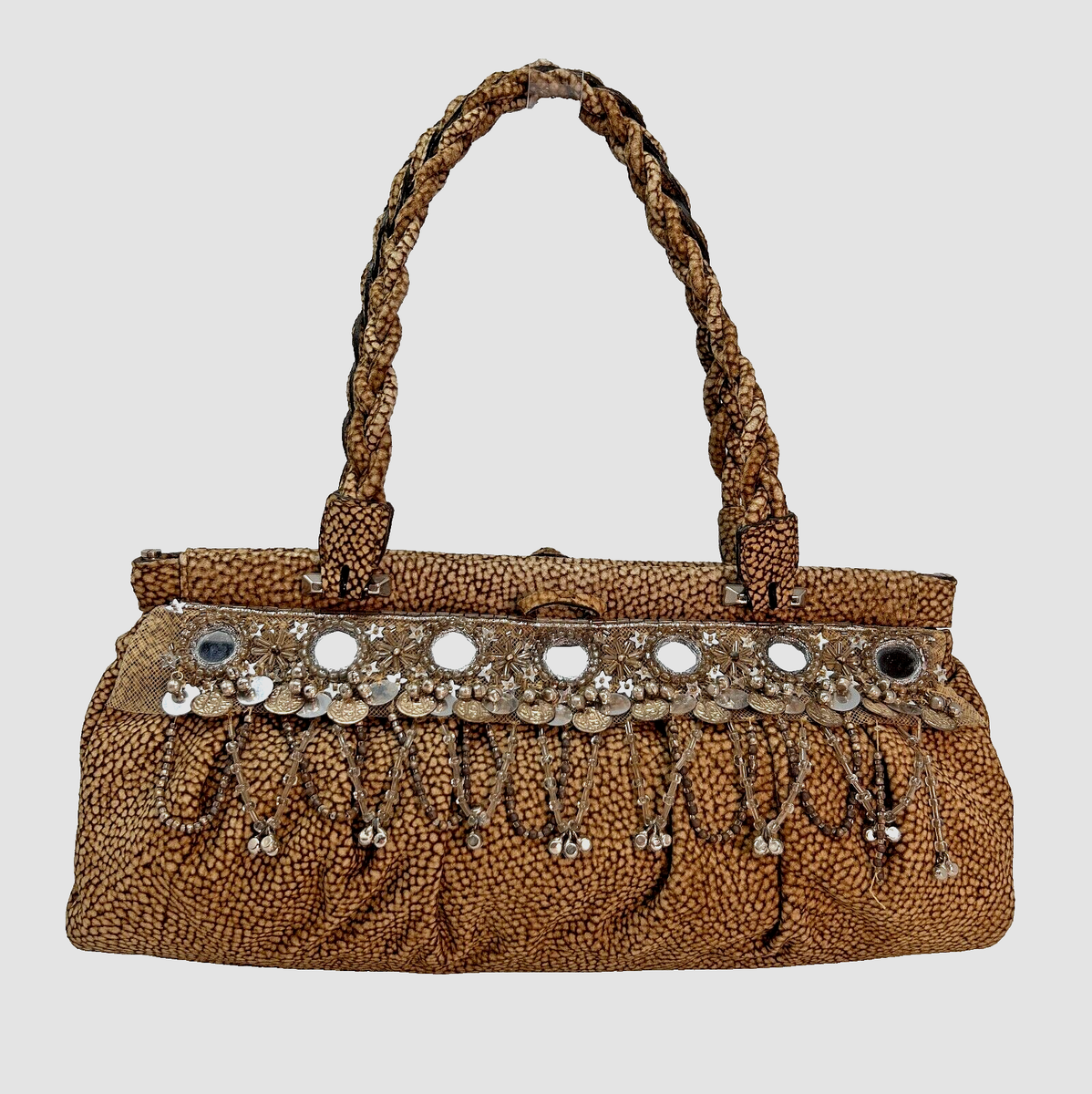 Vintage Borbonese Eye of the Partridge Suede Medium Handbag Coins Beading