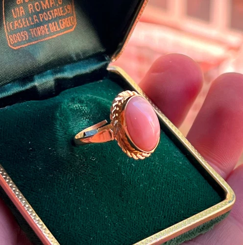 Estate Silver Gold Pink Coral Original Ring Size 7,5 Made in Italy Vintage