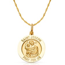14K Yellow Gold St. Joseph Pray For Us Pendant  1.2mm Singapore Chain Necklace