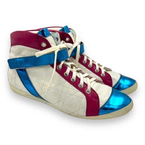 DIOR Y2K White Quilted Cannage Pink Blue Mirror Strap Hightop Sneakers EU39.5 9 - Picture 2 of 16