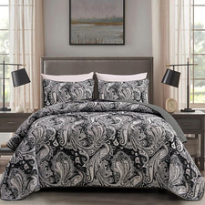 Black Paisley Quilt Set King Size Boho Bedspread Coverlet Set 3 Pieces, Soft Lig