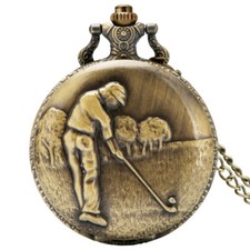 Playing Golf Design Bronze Pocket Watch Vintage Necklace Chain Souvenir Gifts