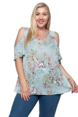 Boho Juliette Cold Shoulder Floral Top Light Sage