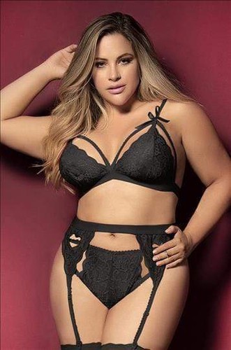 Plus Size Black Lace Bra, Thong, & Garter 3 Pc. Lingerie Set (Many colors availa - Imagen 14 de 16