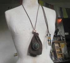 Bloodstone Brown Suede Leather Beaded Adjustable Drawstring Necklace Bag Pouch