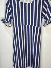 BOOHOO Dress White & Blue Striped Frill Sleeve Wrap / Tie Up Mid Length Size 14