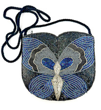 Vintage Beaded Butterfly Evening Bag Black Blue Art Deco Style Purse Clean