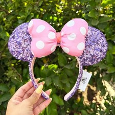 Disney- Parks Purple Sequin Minnie Mouse Ears with Pink Polka Dot Bow Headband