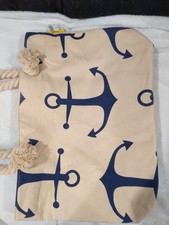 Canvas Tote Beach, Poolside, Vacation Bag W/Double Handes Blue Anchor Design