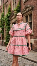 Umgee Pink Green Tiered Babydoll Mini Dress Puff Sleeve Womens XL NWT