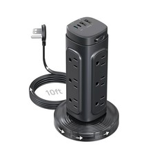 Trond Power Strip Tower 12-Outlet 10Ft Retractable Cord 1700J USB-C PD 20W Black