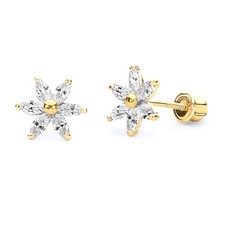 14k REAL Yellow Gold Flower Stud Earrings with Screw Back