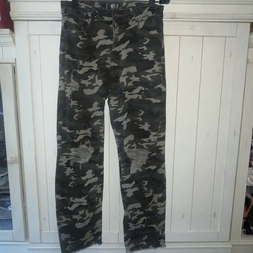 L & B Lucky and Blessed camo pants green beige Sz 6 Distressed Knees Flare