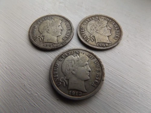 LOT OF 3 VINTAGE BARBER DIMES, 90% SILVER, 1907, 1908 AND 1912 GOOD DETAILS NICE