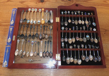 Lot of 65 Small Souvenir Spoons with Display Case to Hold 30, Silverplate etc