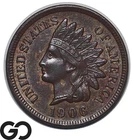1906 Indian Head Cent Penny AU, Nice Brown Copper with Sharp Details