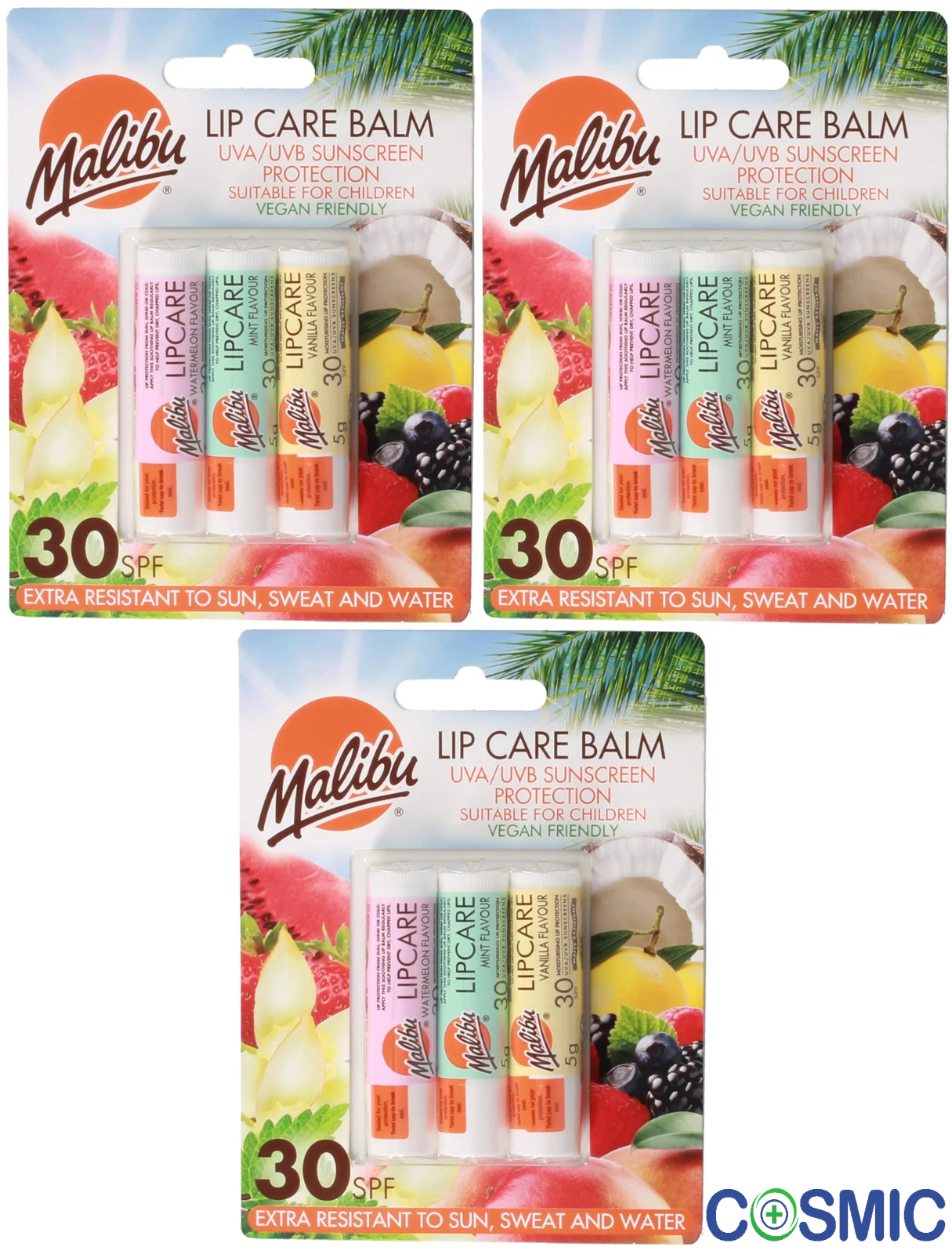 3 X Malibu SPF 30 Lip Balm 3x5g – Watermelon, Mint & Vanilla Flavours, Sunscreen