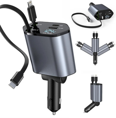 4-in-1 Retractable Car Charger 120W Fast Charging USB Type-C Iphone Cable NEW