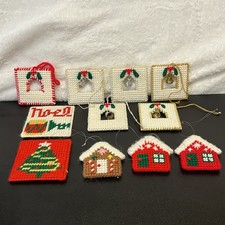 11 Vintage Handmade Needlepoint Christmas Ornaments Squares Bell Houses Yarn Lot