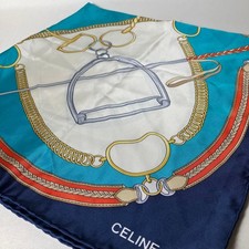 Authentic CELINE Paris Silk Scarf Navy Blue Gold Horsebit Equestrian Motif