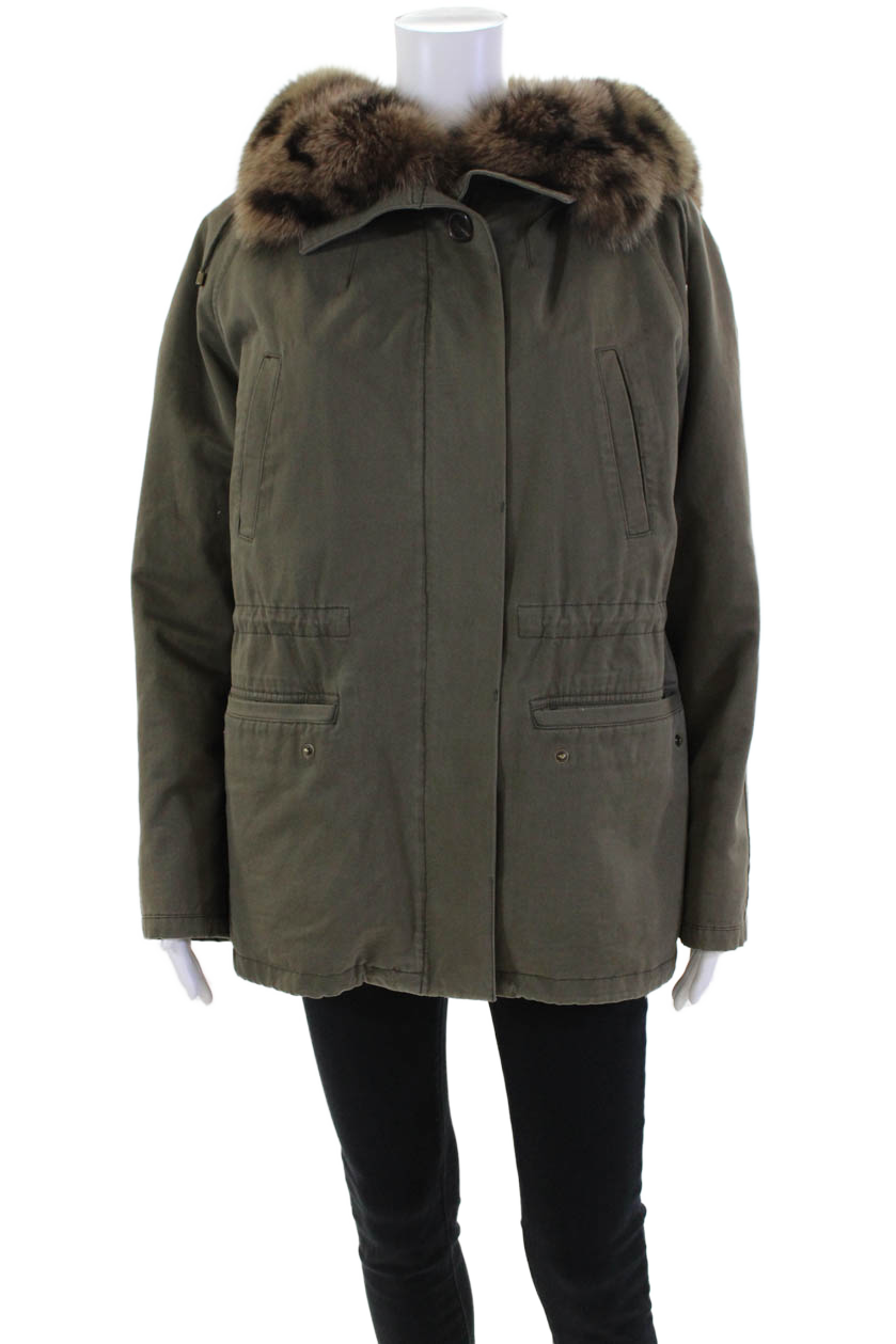 Giacca invernale basic Army Yves Salomon donna pelliccia di volpe con cappuccio zip verde taglia 32