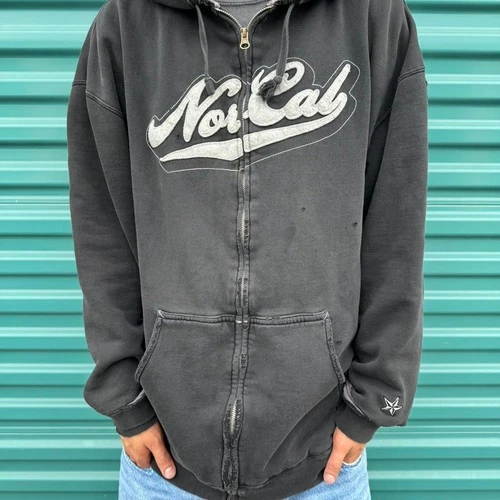 Y2K 2000s Grunge Skater Style Black Zip Up Hoodie with White 'NorCal' - product listing photo