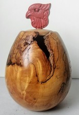 Burl Wood Vase With Jive Edge  Carved Red Jasper Bird Top-Signed. C. Greer