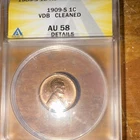 1909-S VDB Lincoln Wheat Small Cent AU 58 cleaned