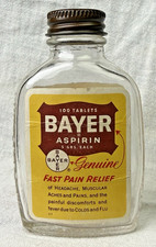 EMBOSSED Bayer Aspirin 100-Tablet Glass Medicine Bottle w Labels and Cap Prop